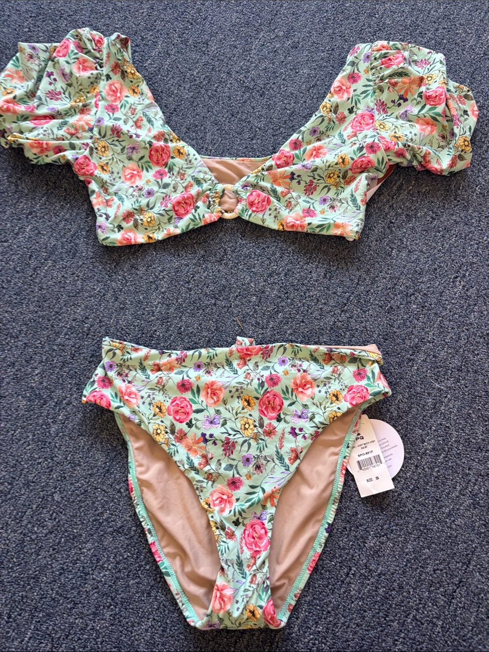 NWT PQ swim floral high waist bottom and Devon cap sleeve top. Size small